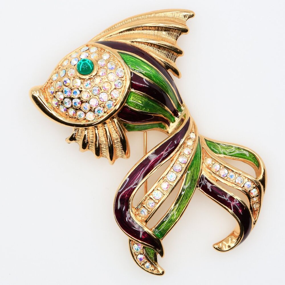 Vintage Trifari Tropical‎ Fish Green and Plum Enamel With AB Rhinestones Brooch
